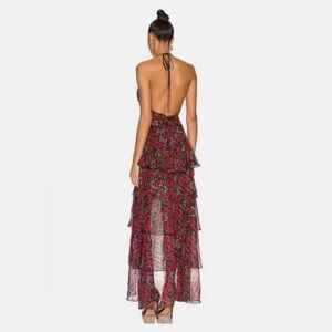 Majorelle Giorgiana Winter Berry Floral Hi-Low Ruffle Halter Backless Gown med